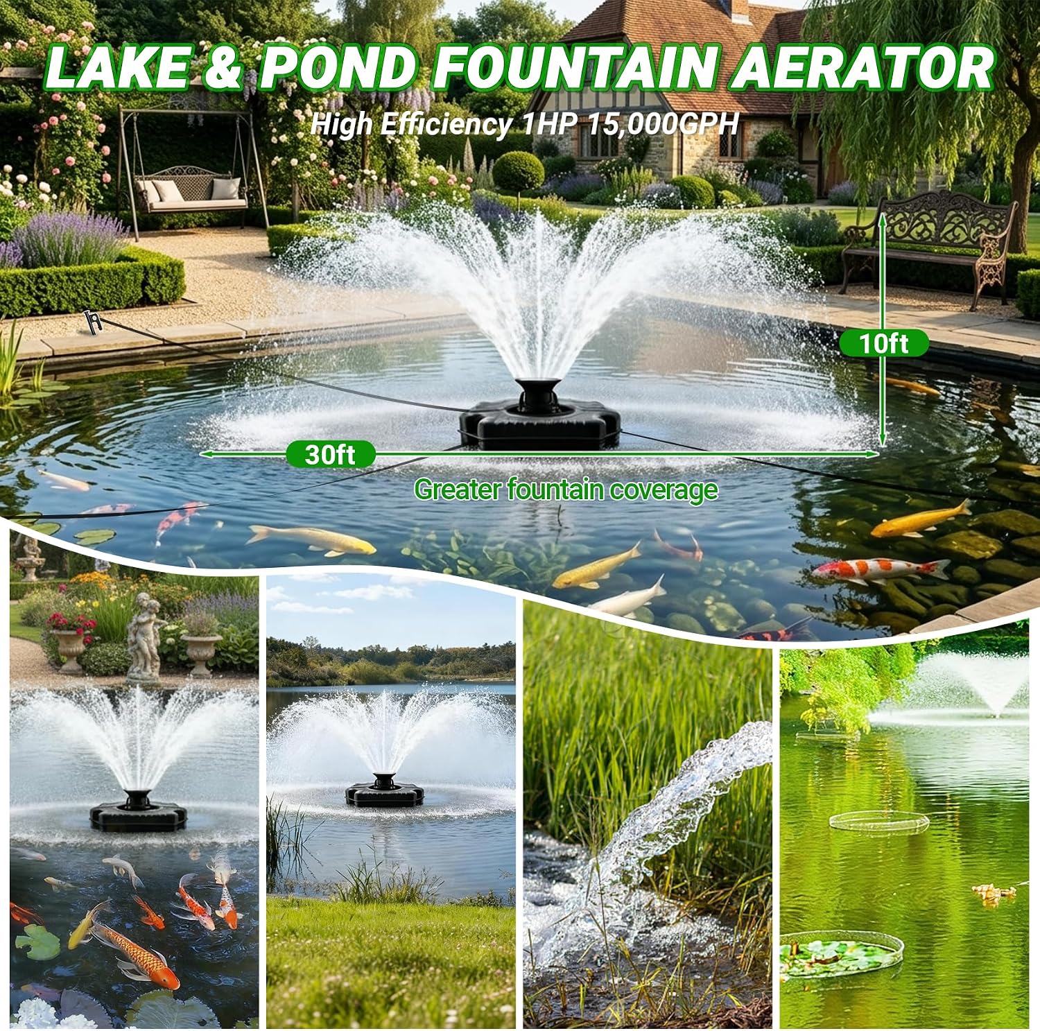 Pond Fountain Aerator, 1HP 750W Floating Fountain Aerator System for Outdoor Small Large Pond Lake, 110V 15000 GPH Fully Automatic Stainless Steel Fountain Pump with 100 Feet Power Cord
