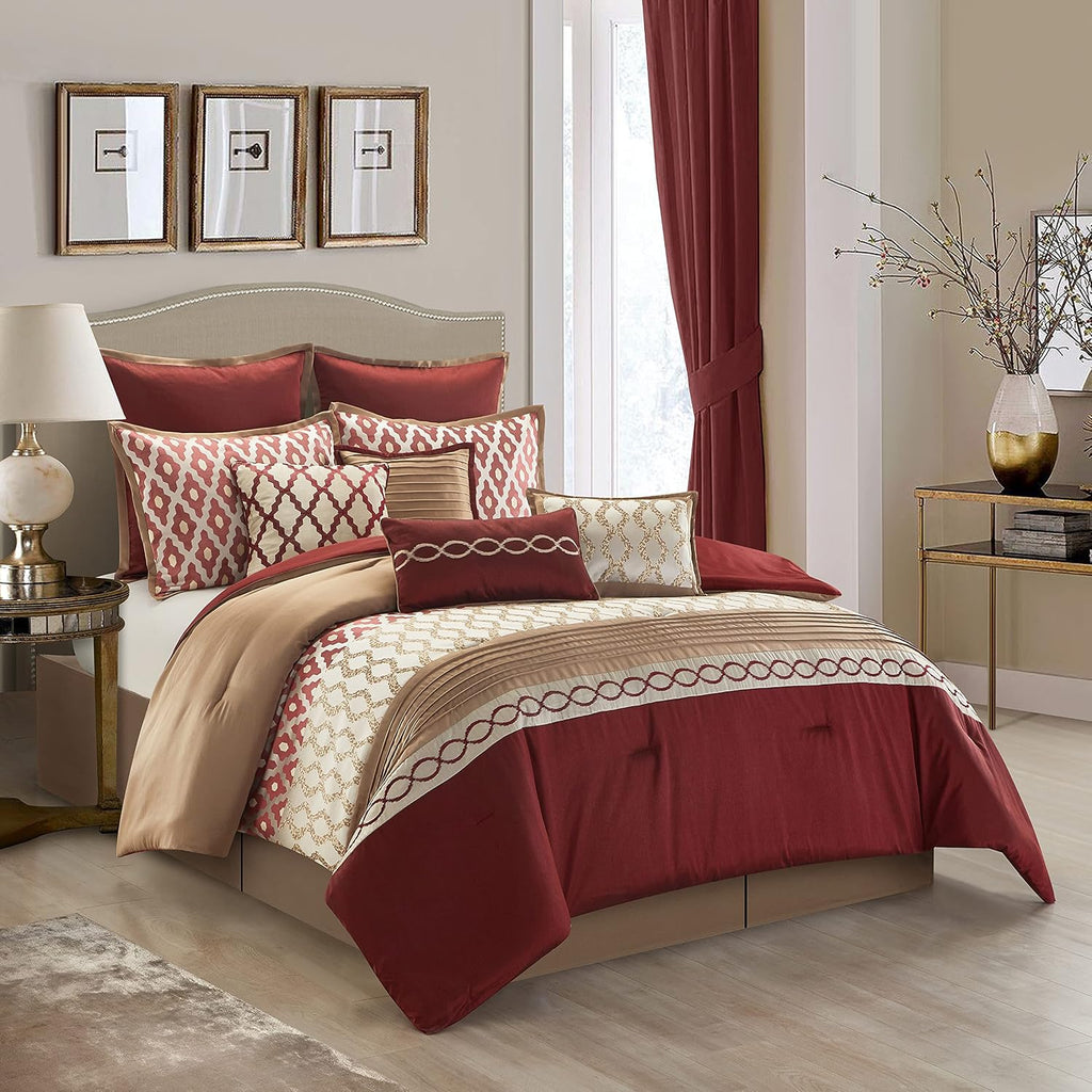Stratford Park Warm and Vibrant 10 Piece Comforter Bedding Set, Burgundy, Queen Size, Warm, 100% Polyester, Matching Bedskirt, Pillows & Shams