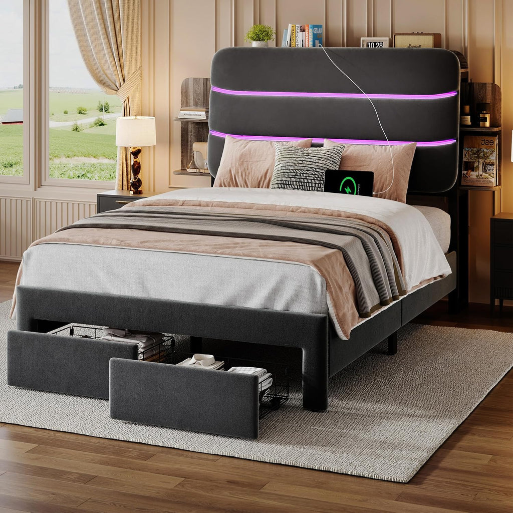 Ailisite Twin Size Bed Frame with Drawer and Ergonomic Storage Headboard,Slide Out Headboard Storage,Twin Bed with Charging Station & LED Lights,Wood Slats Support, No Box Spring Needed,Grey