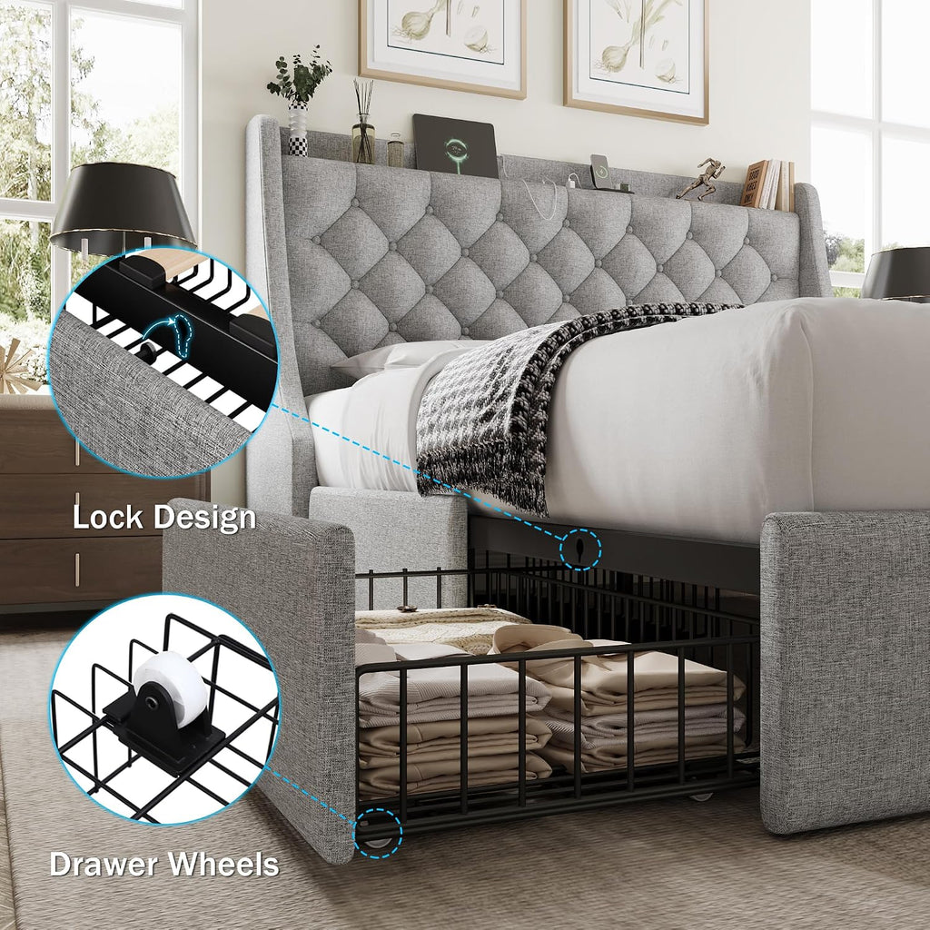GalnFu Queen Bed Frame with 4 Storage Drawers, Giant Upholstered Wingback Headboard, Fast Charging Station, No Box Spring Needed, Noise-Free, Light Gray