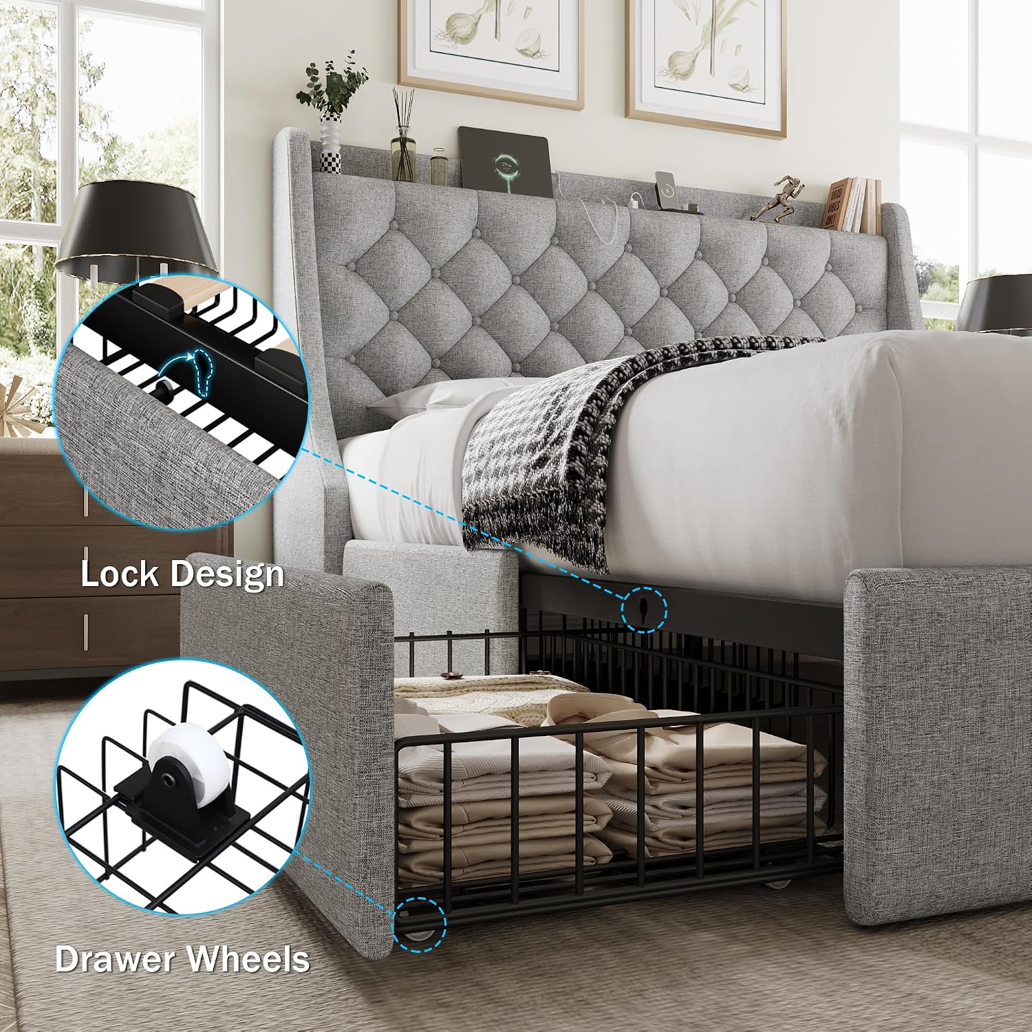 GalnFu Queen Bed Frame with 4 Storage Drawers, Giant Upholstered Wingback Headboard, Fast Charging Station, No Box Spring Needed, Noise-Free, Light Gray