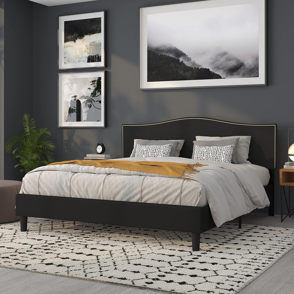 Flash Furniture Lexington Upholstered King Size Headboard with Accent Nail Trim in Black Fabric