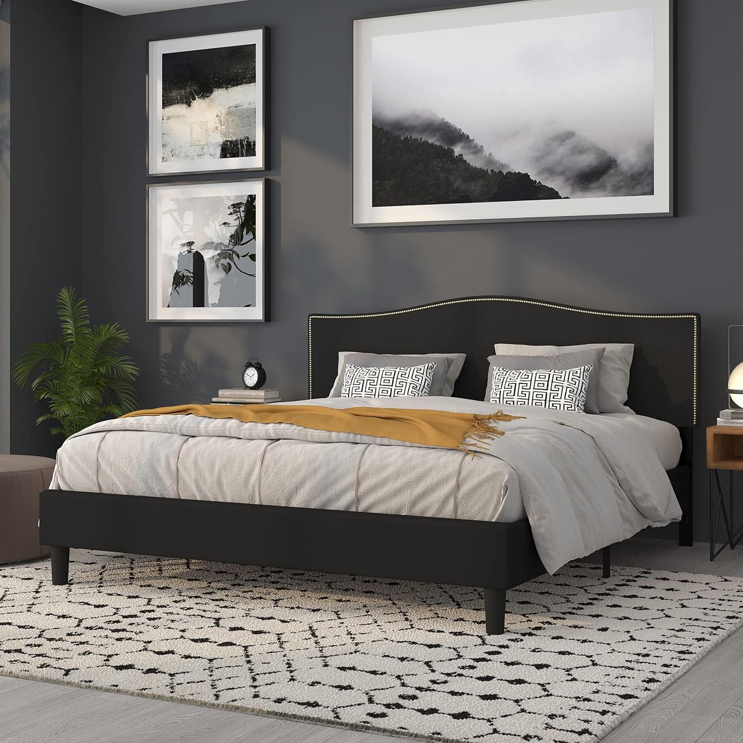 Flash Furniture Lexington Upholstered King Size Headboard with Accent Nail Trim in Black Fabric