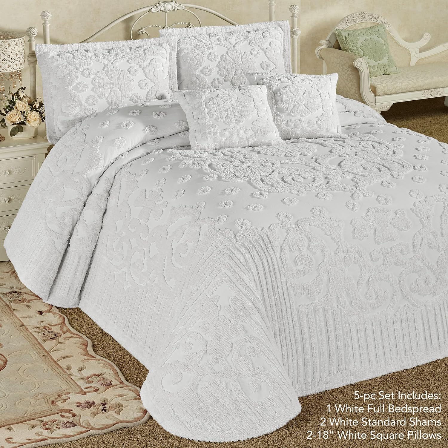 Laurent White Exceptionally Soft Cotton Bedding | Elegant Tufted Chenille Scrollwork Medallion Floral | Machine Washable | 5 Piece Set with Full Bedspread, 2 Standard Shams, and 2 Square Pillows