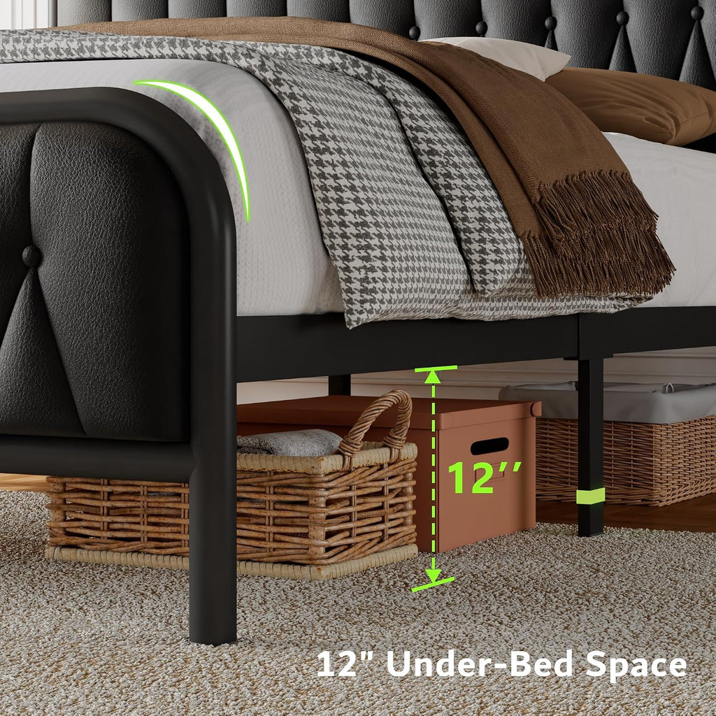 Leather Full Size Bed Frame with Fast Charging Station,Full Metal Platform Beds with Upholstered Headboard & Footboard,12' Underbed Storage Space,Easy Assembly,Noise-Free,Black