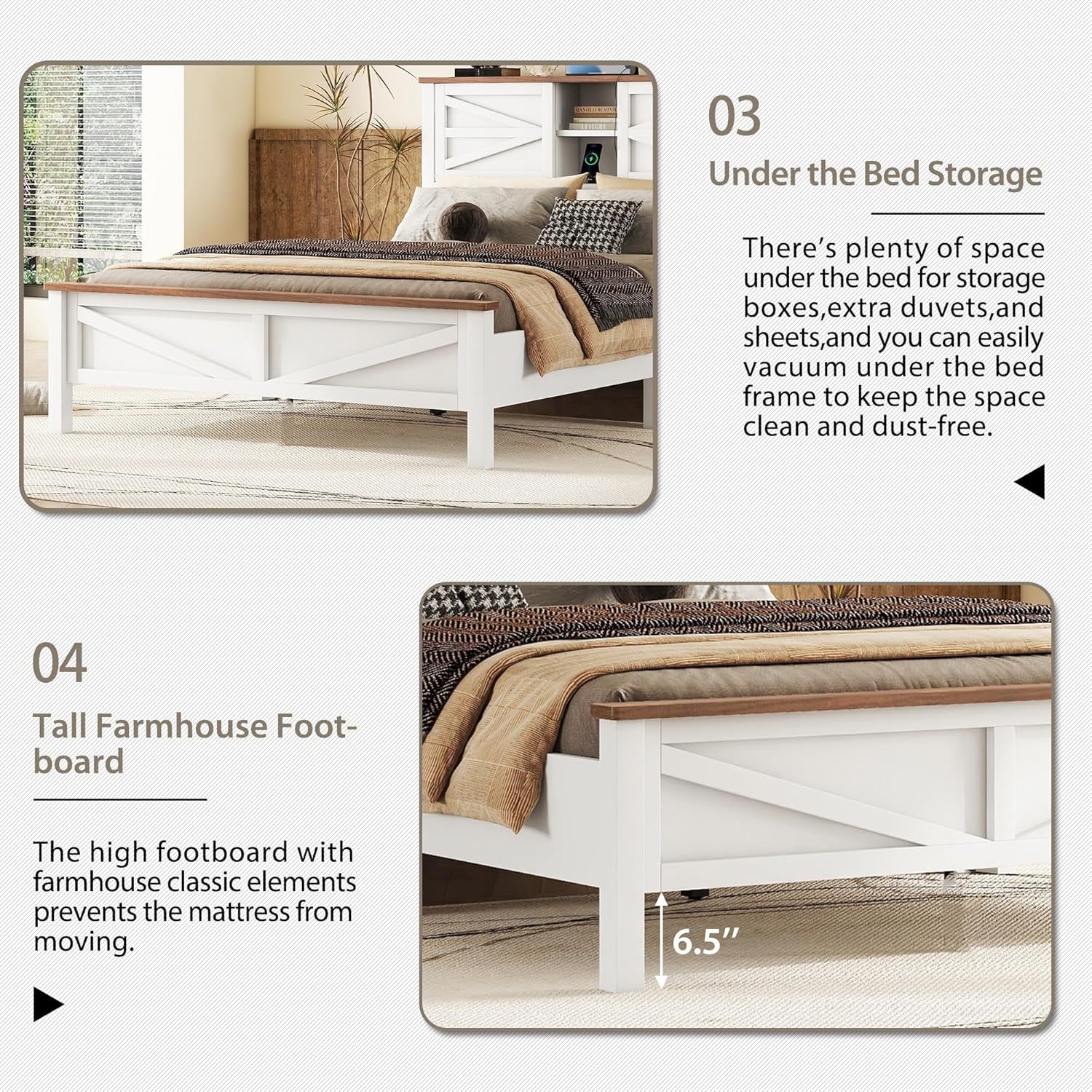 3-Pieces Bedroom Sets, Queen Size Farmhouse Platform Bed with Cabinet and Nightstand, Wood Bedroom Furniture Set with Storage Headboard, No Box Spring Needed (White+Brown/78)
