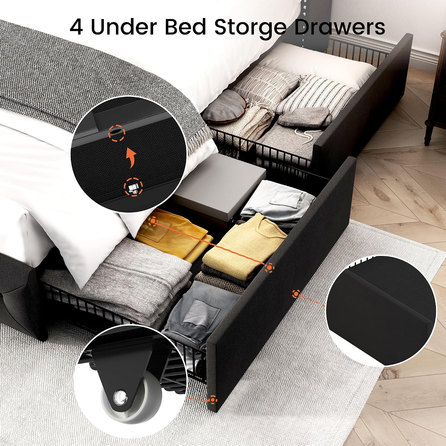 LARMACE Full Size Bed Frame with 4 Storage Drawers and Wingback Headboard Velvet Upholstered Platform Bed Frame Tufted Beds with Wooden Slats Support, Easy Assembly, Black