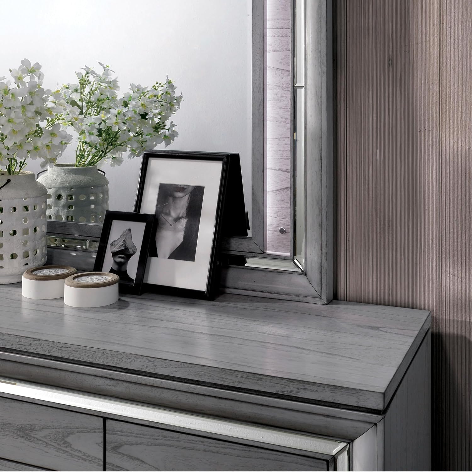 Furniture of America Zenka Wood Frame 2-Piece Bedroom Set, Queen-Size Bed Padded Headboard, 10-Drawer Dresser, Felt-Lined Top Storage, Box Spring Required, Light Gray
