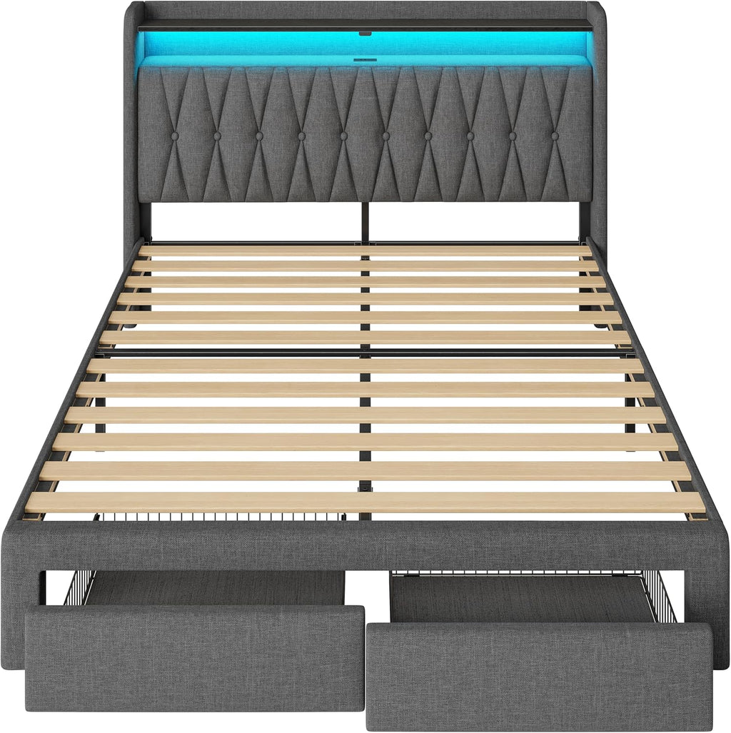 Rolanstar Full Bed Frame with Drawers, Storage Headboard with Charging Station and LED Lights, Upholstered Bed with Heavy Duty Wood Slats, No Box Spring Needed, Noise Free, Easy Assembly, Dark Grey
