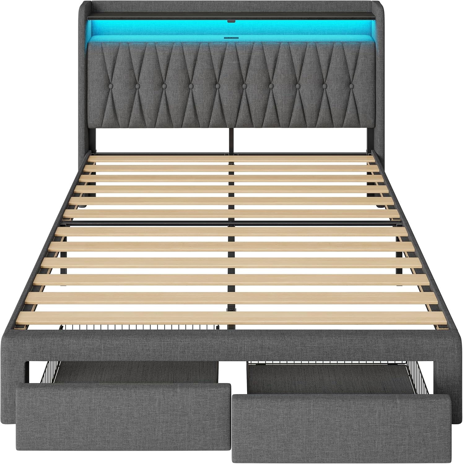 Rolanstar Full Bed Frame with Drawers, Storage Headboard with Charging Station and LED Lights, Upholstered Bed with Heavy Duty Wood Slats, No Box Spring Needed, Noise Free, Easy Assembly, Dark Grey