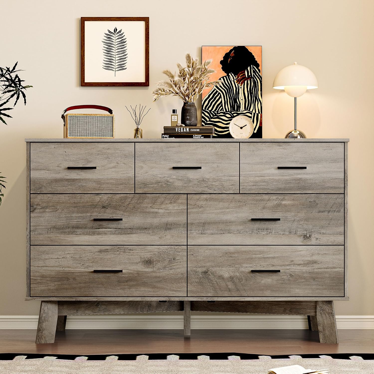 BORNOON Dresser for Bedroom with 7-Drawer, 47.2' Wide Modern Chest of Drawers with Metal Handles, X-Shape Base & Adjustable Center Leg, Anti-Tip Closet Organizers and Storage