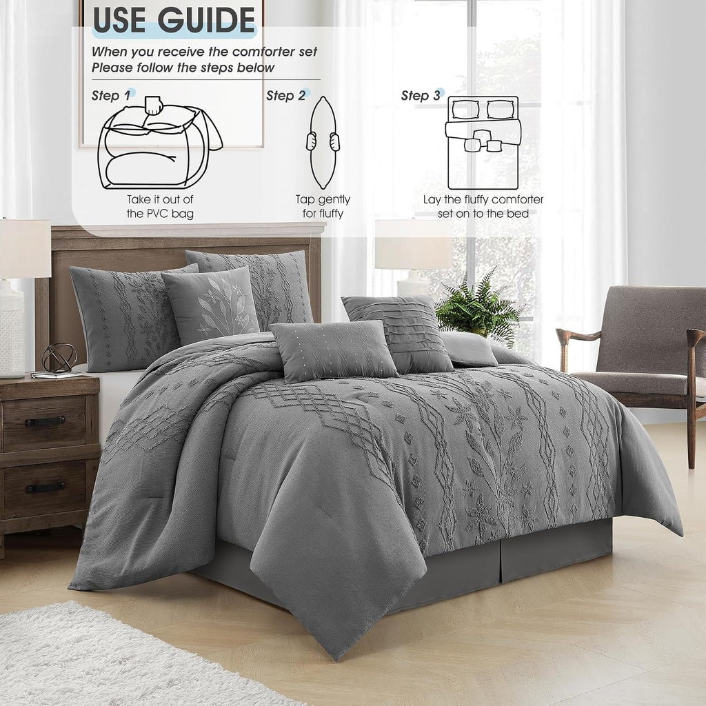 LANCO MODERN LIFESTYLE Grey Comforter Set, Queen Size, 7 Pieces Jacquard Boho Bedding Set for All Seasons, Ultra Soft and Fluffy, Matching Pilllow Shams, Bedskirt and Decor Pillows