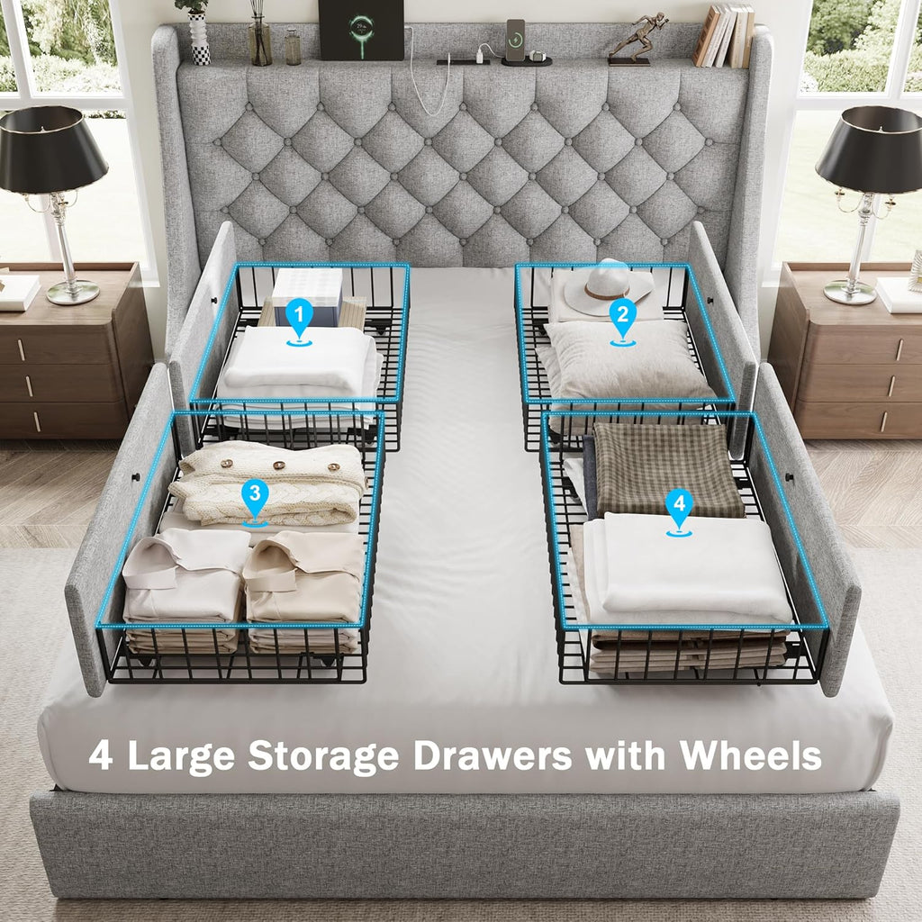 GalnFu Queen Bed Frame with 4 Storage Drawers, Giant Upholstered Wingback Headboard, Fast Charging Station, No Box Spring Needed, Noise-Free, Light Gray