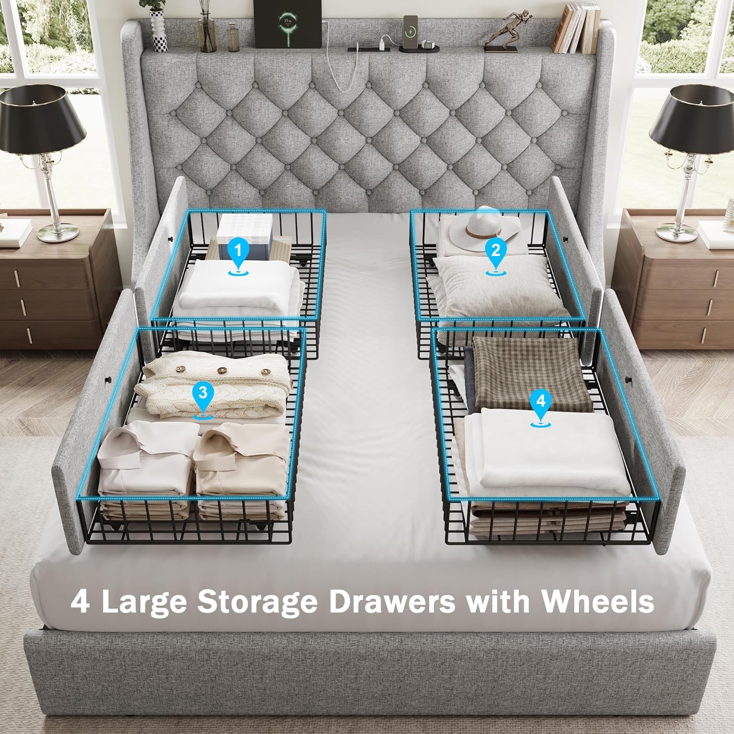GalnFu Queen Bed Frame with 4 Storage Drawers, Giant Upholstered Wingback Headboard, Fast Charging Station, No Box Spring Needed, Noise-Free, Light Gray