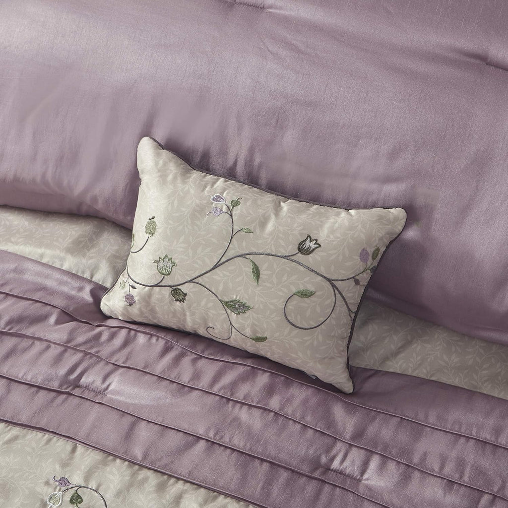 Madison Park Serene Faux Silk Comforter Set - Floral Embroidery Design, All Season Bedding Set, Matching Bed Skirt, Decorative Pillows, Purple Queen(90'x90') 7 Piece
