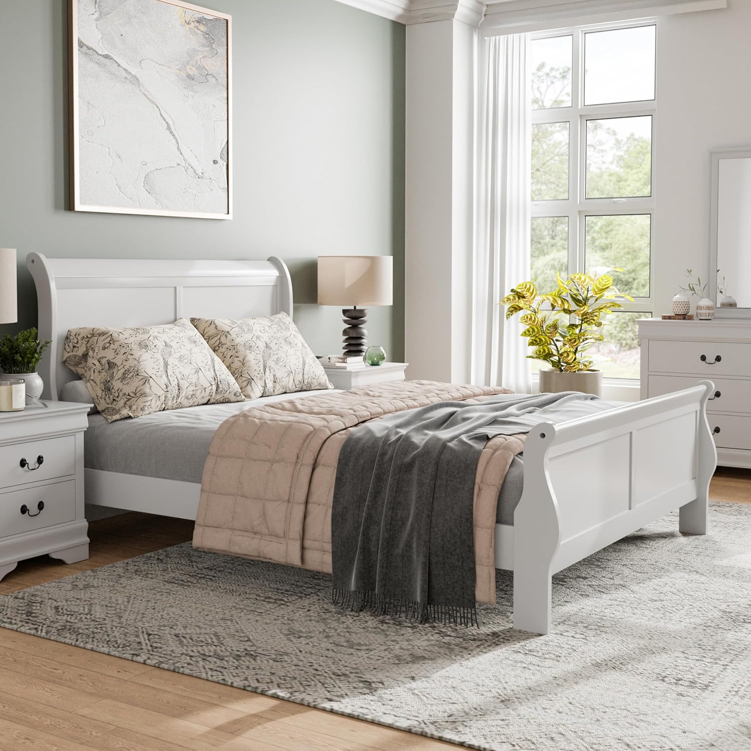 Furniture of America Arabella Traditional Wood Queen Bed Frame with Headboard and Footboard, Elegant Sleigh Design Bedframe for Bedroom, Guest Room, Easy Assembly, Box Spring Required, White