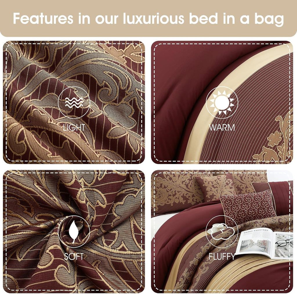 Grand Avenue Geometric Red and Gold Comforter Set California King Size, 7 Piece Jacquard Bedding Set, Ultra-Soft, Bedskirt, Pillows & Shams