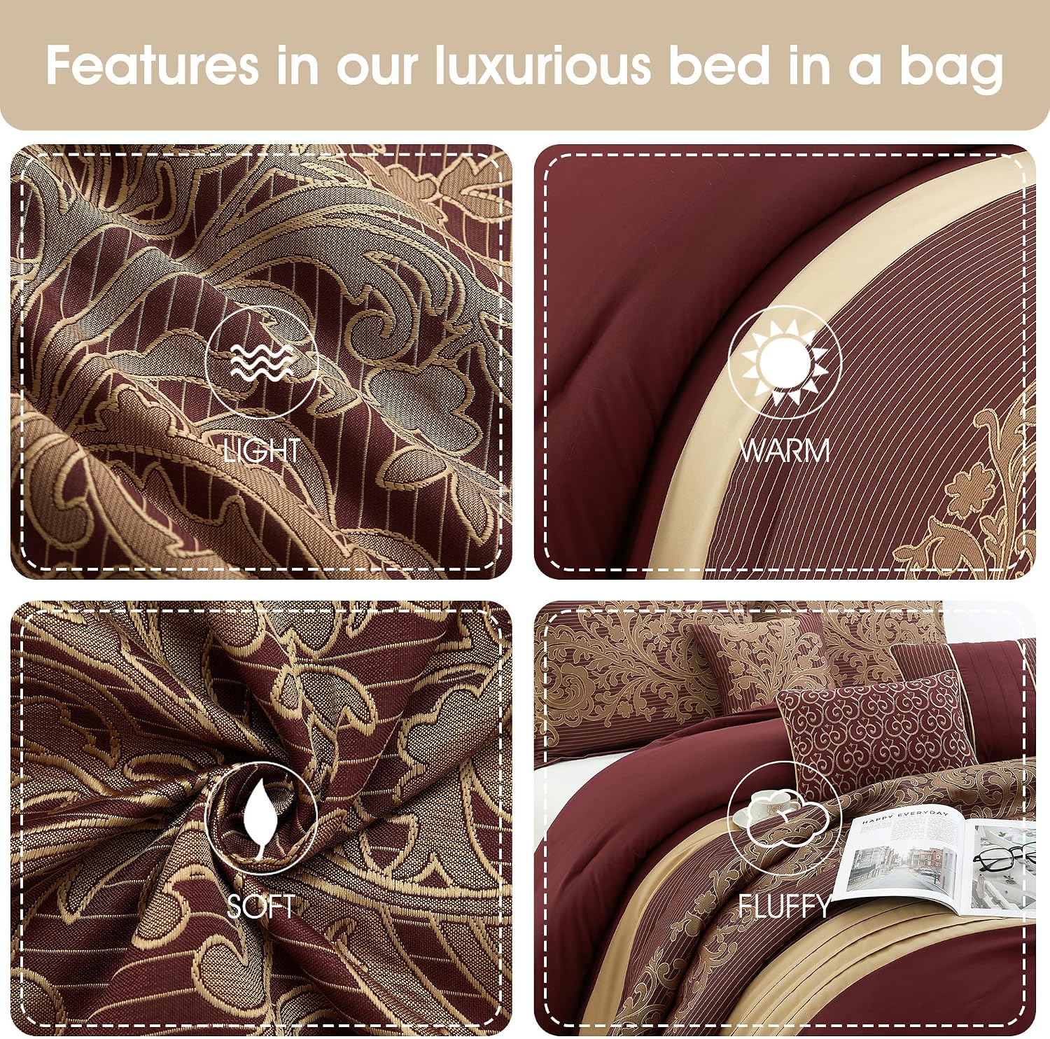 Grand Avenue Geometric Red and Gold Comforter Set California King Size, 7 Piece Jacquard Bedding Set, Ultra-Soft, Bedskirt, Pillows & Shams