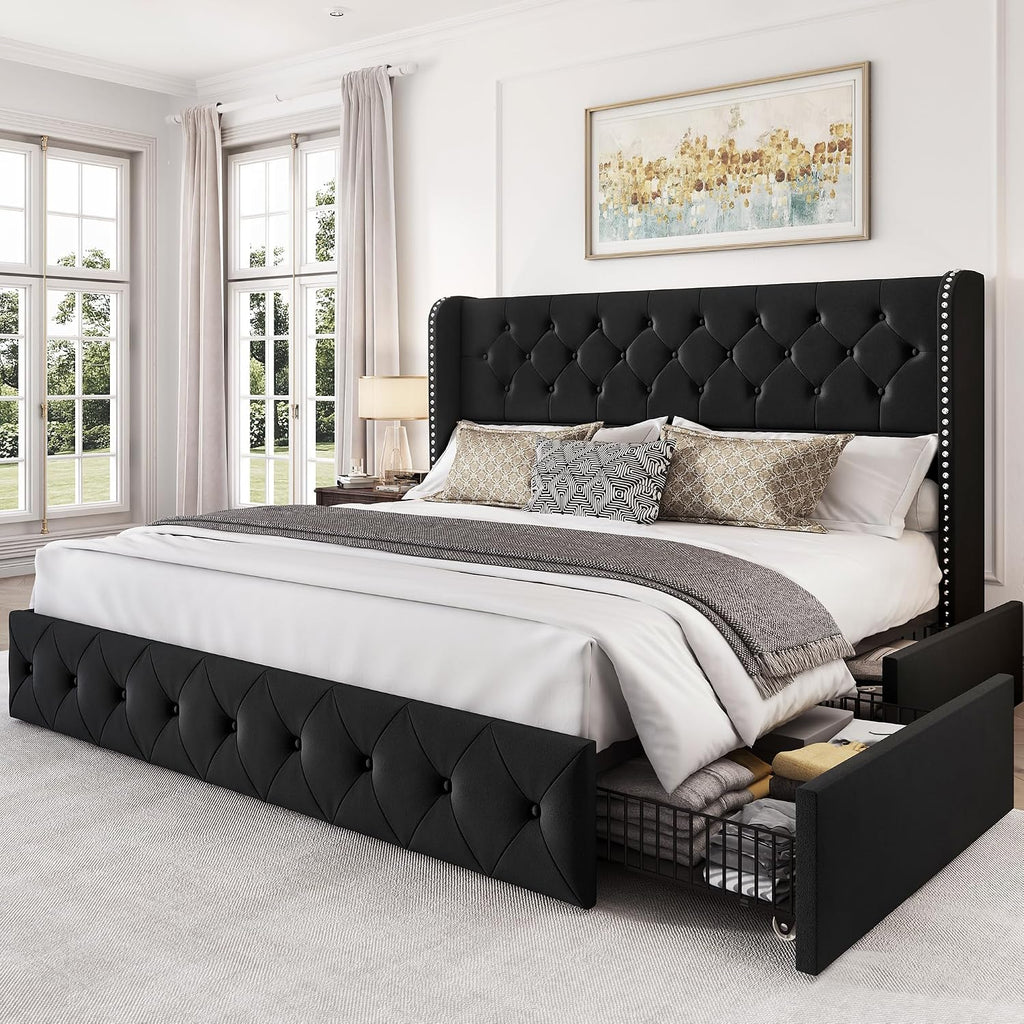 LARMACE King Size Bed Frame with 4 Storage Drawers and 47.2' Tall Tufted Headboard Velvet Upholstered Platform Bed Frame Wingback Beds with Wooden Slats Support, Easy Assembly, Black