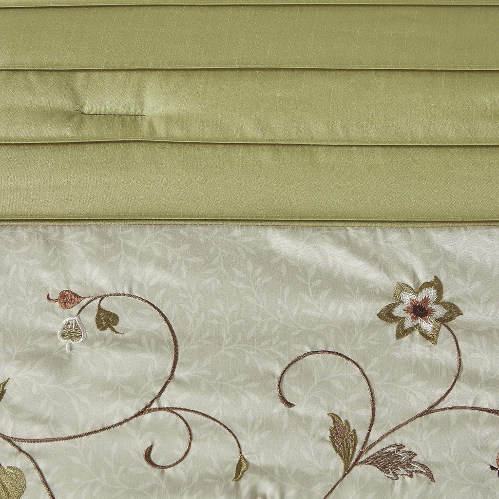 Madison Park Serene Faux Silk Comforter Set - Floral Embroidery Design, All Season Bedding Set, Matching Bed Skirt, Decorative Pillows, Green Queen(90'x90') 7 Piece