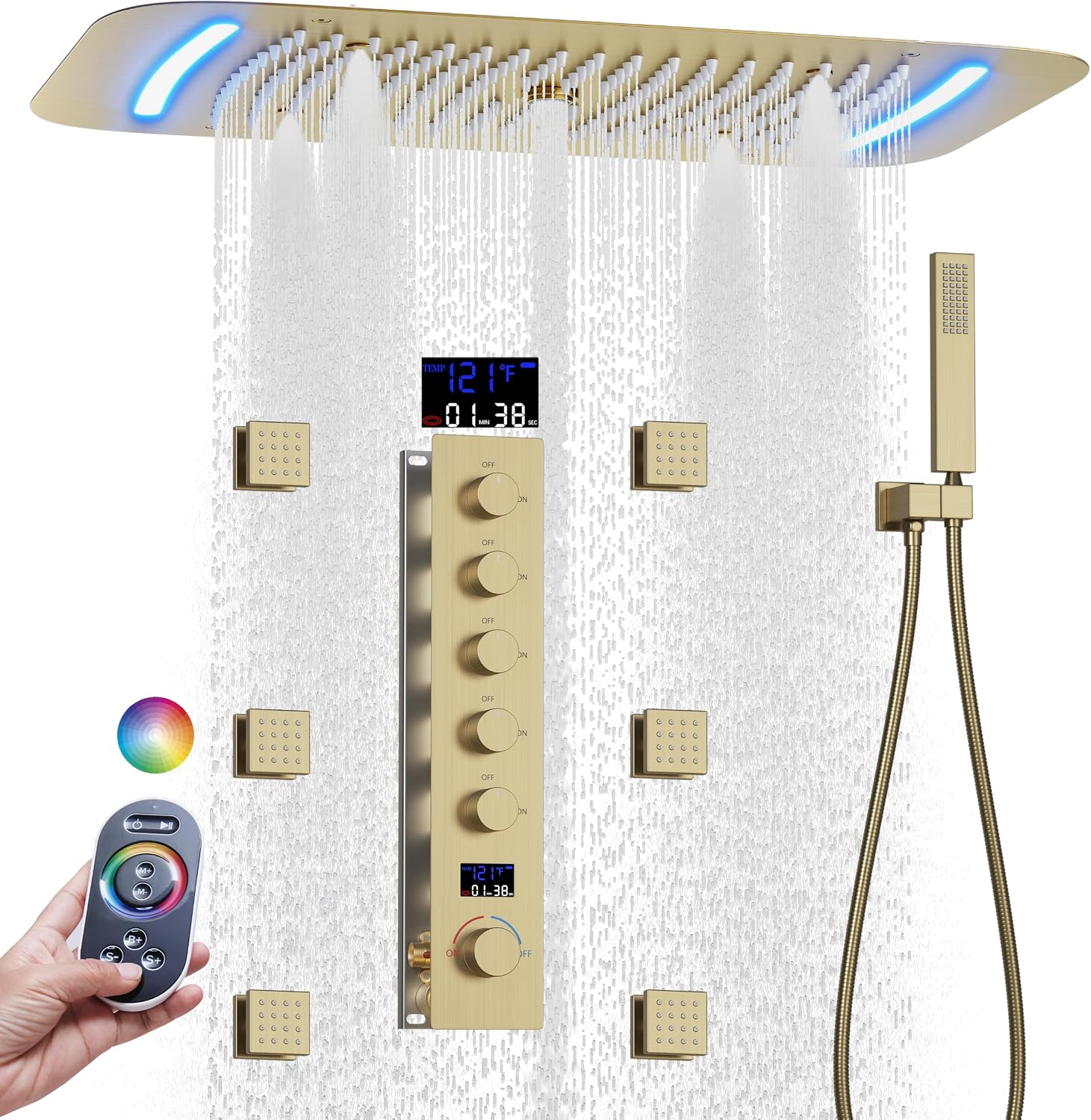 AYIVG Brushed Gold 16 x 26 Inch Full Body Thermostatic Rainfall Shower System 64 Color LED Rainfall Luxury Shower Head System with 6 Spray Jets Ceiling Mount Rain Temperature Display Shower Faucet Set