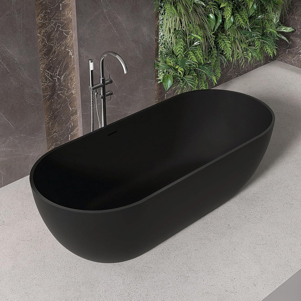 69' Stone Resin Freestanding Bathtub, Oval Solid Surface Bathroom Freestanding Tub, Thin Edge Stand Alone Tub with Integrated Slotted Overflow and Pop-up Drain, Matte Black AFS307-1750
