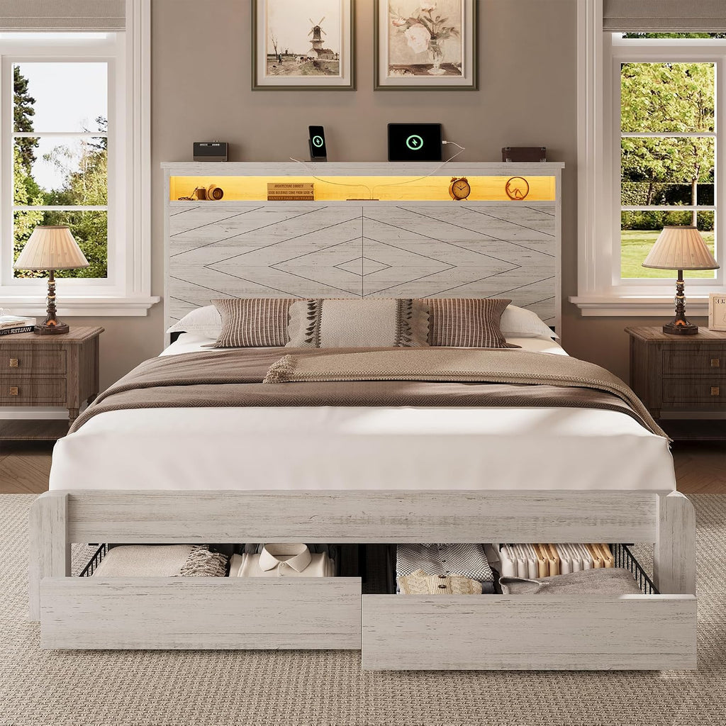 LARMACE King Size Bed Frame with 2 Storage Drawers and Headboard Wooden Platform Bed Frame with LED Lights and Charging Station Easy Assembly/No Box Spring Needed/White