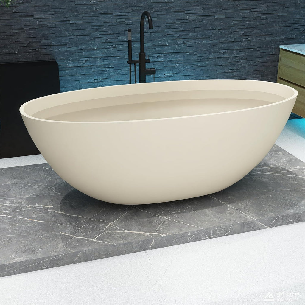 65'' Soaking Bathtub Stone Resin Freestanding Bathtub, Modern Bathtub Deep Soaking Bathtub with Overflow and Pop-up Drain BBFS303-1650 milk-coffee