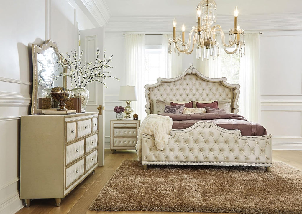 Coaster Home Furnishings Antonella Modern Classic 4-Piece Bedroom Set Velvet Upholstered Queen Size Panel Bed Frame 79-inch Headboard Ivory and Camel 223521Q-S4