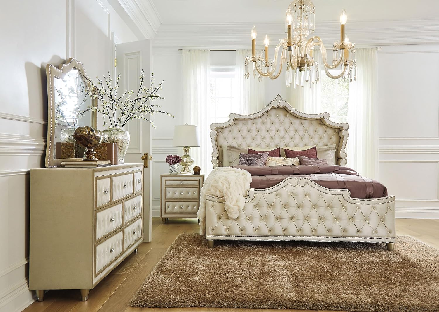 Coaster Home Furnishings Antonella Modern Classic 4-Piece Bedroom Set Velvet Upholstered Queen Size Panel Bed Frame 79-inch Headboard Ivory and Camel 223521Q-S4