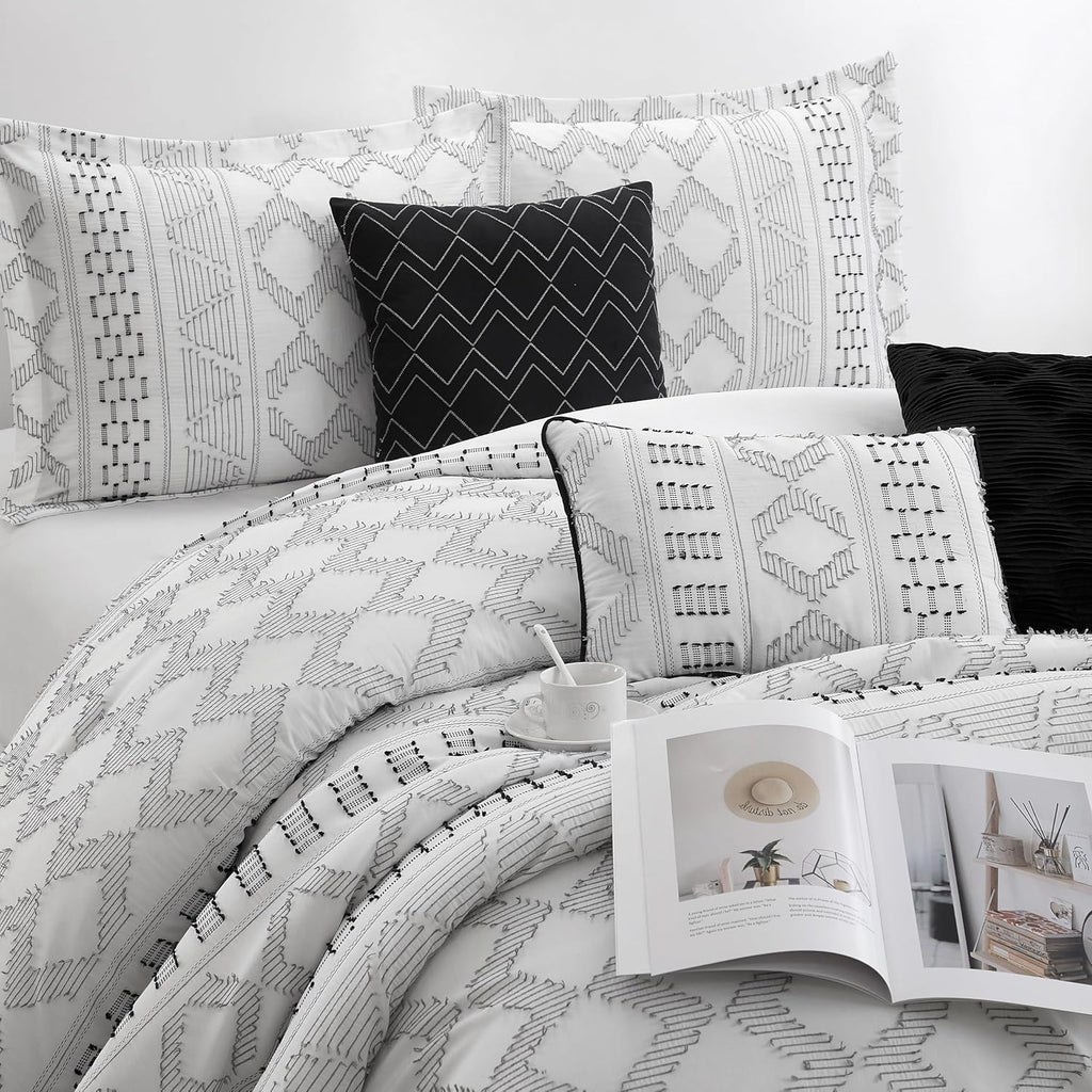 Stratford Park 7 Piece White Black Comforter Set, Queen Size Clip Bedding Set, All Season Geometric Bedding Set, Matching Pillows, Shams, Bed Skirt
