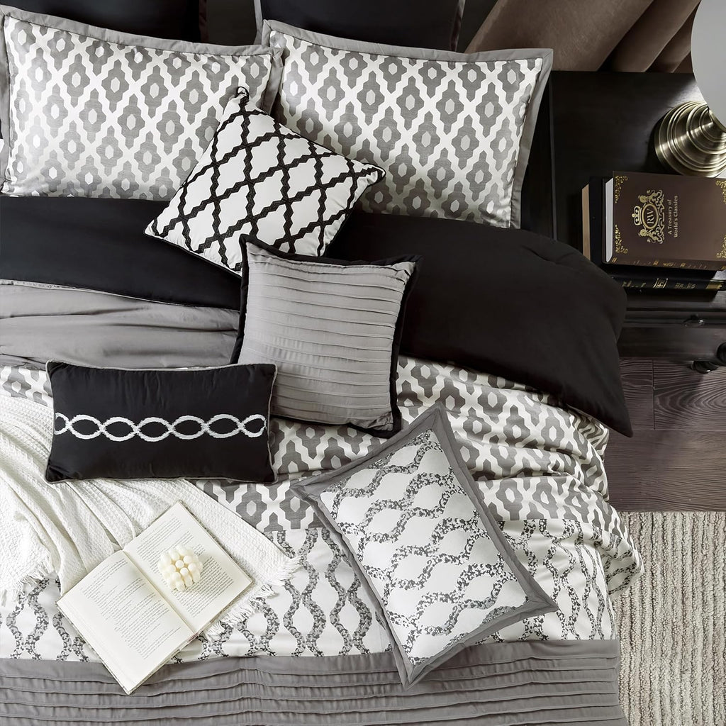 Grand Avenue Black King Comforter Set, 10 Piece, Jacquard Bedding Comforters & Sets, Matching Bedskirt, Pillows & Shams, Ultra-Soft
