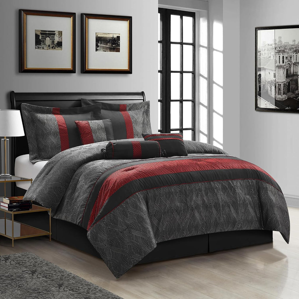 Grand Avenue Red and Black Comforter Set Full, Jacquard & Flocking Technique, Modern Design All Season Striped Bedding Sets, 7 Pieces Home Décor