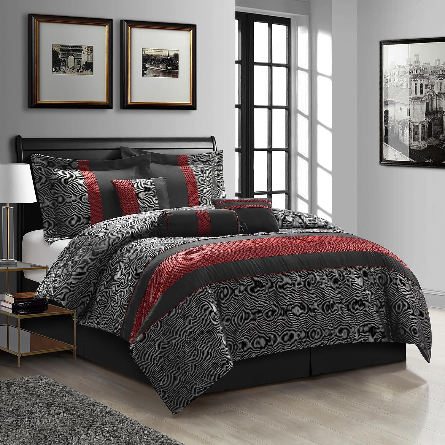 Grand Avenue Red and Black Comforter Set Full, Jacquard & Flocking Technique, Modern Design All Season Striped Bedding Sets, 7 Pieces Home Décor