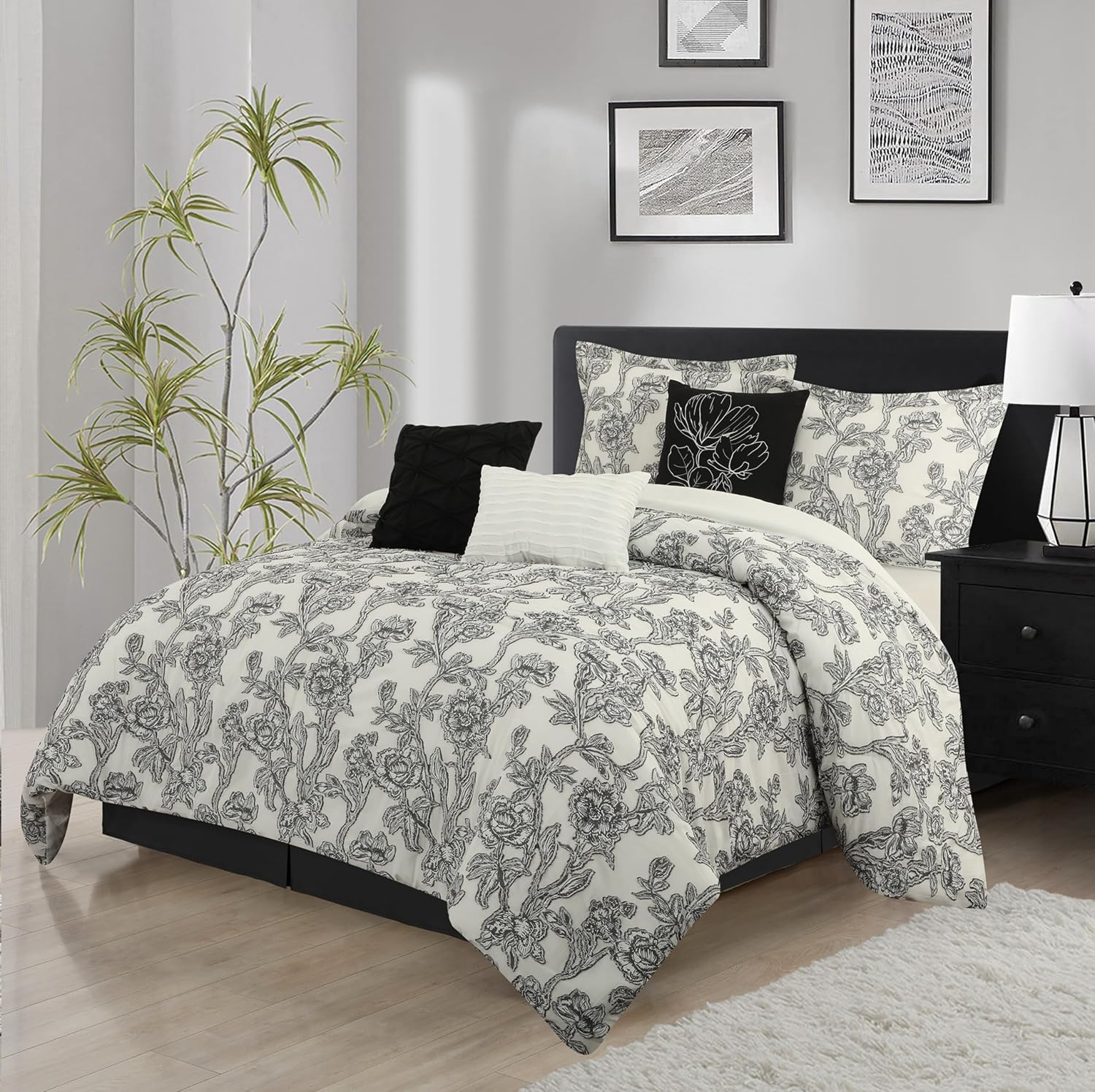 Grand Avenue Black and White Comforter Set Queen Size, 7 Piece Clip Jacquard Floral Bedding Set, All Season Comforters, Bedskirt, Pillows & Shams