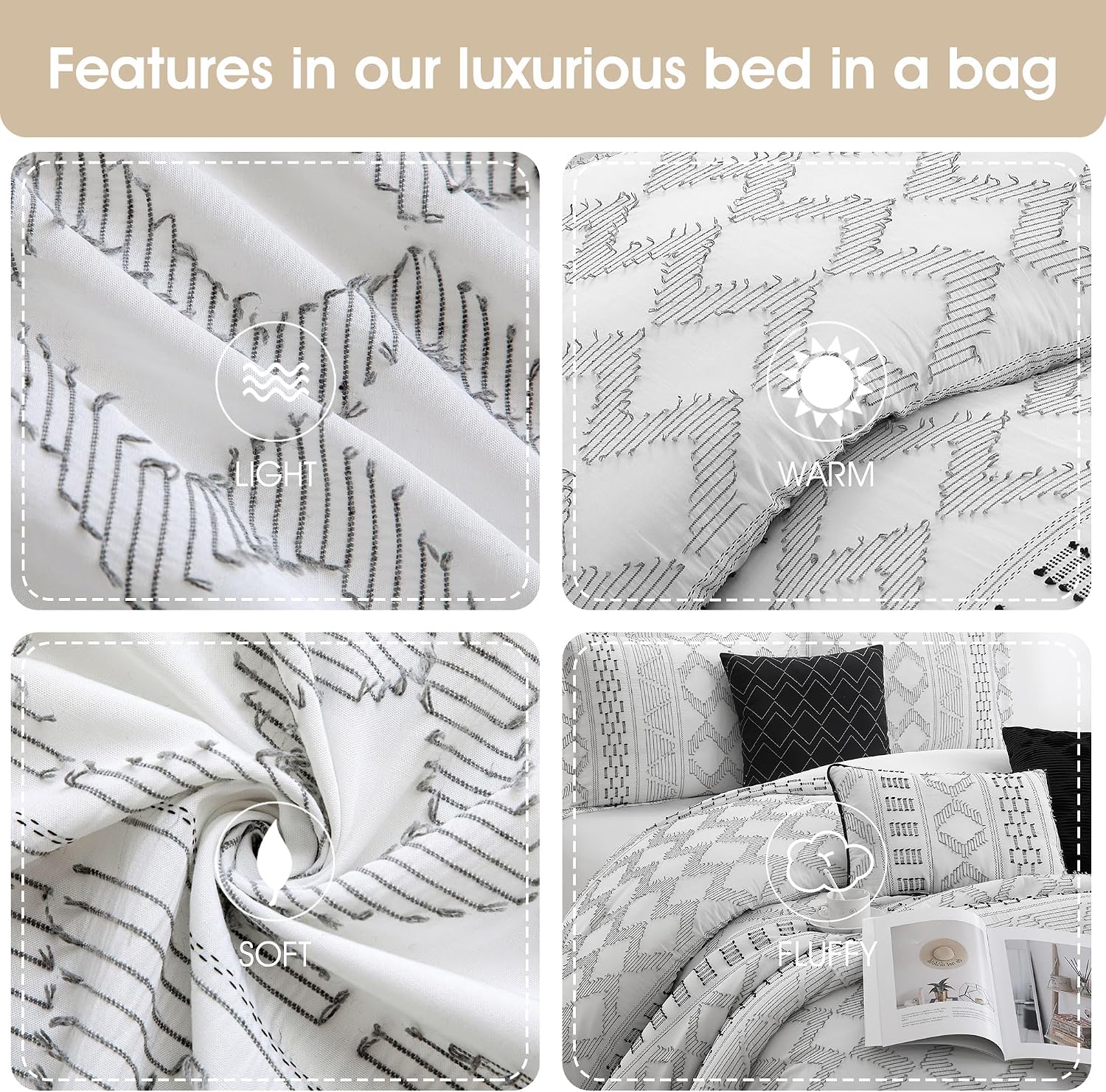 Stratford Park 7 Piece White Black Comforter Set, Queen Size Clip Bedding Set, All Season Geometric Bedding Set, Matching Pillows, Shams, Bed Skirt
