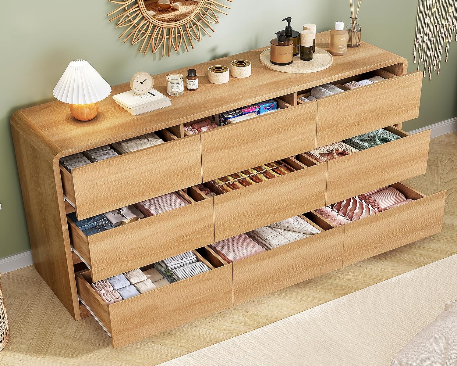 TEENFON 9 Drawer Dresser for Bedroom, 63' Wide Dressers & Chest of Drawers with Curved Profile Design, Wood Closet Storage Dressers Organizer for Bedroom, Living Room, Natural
