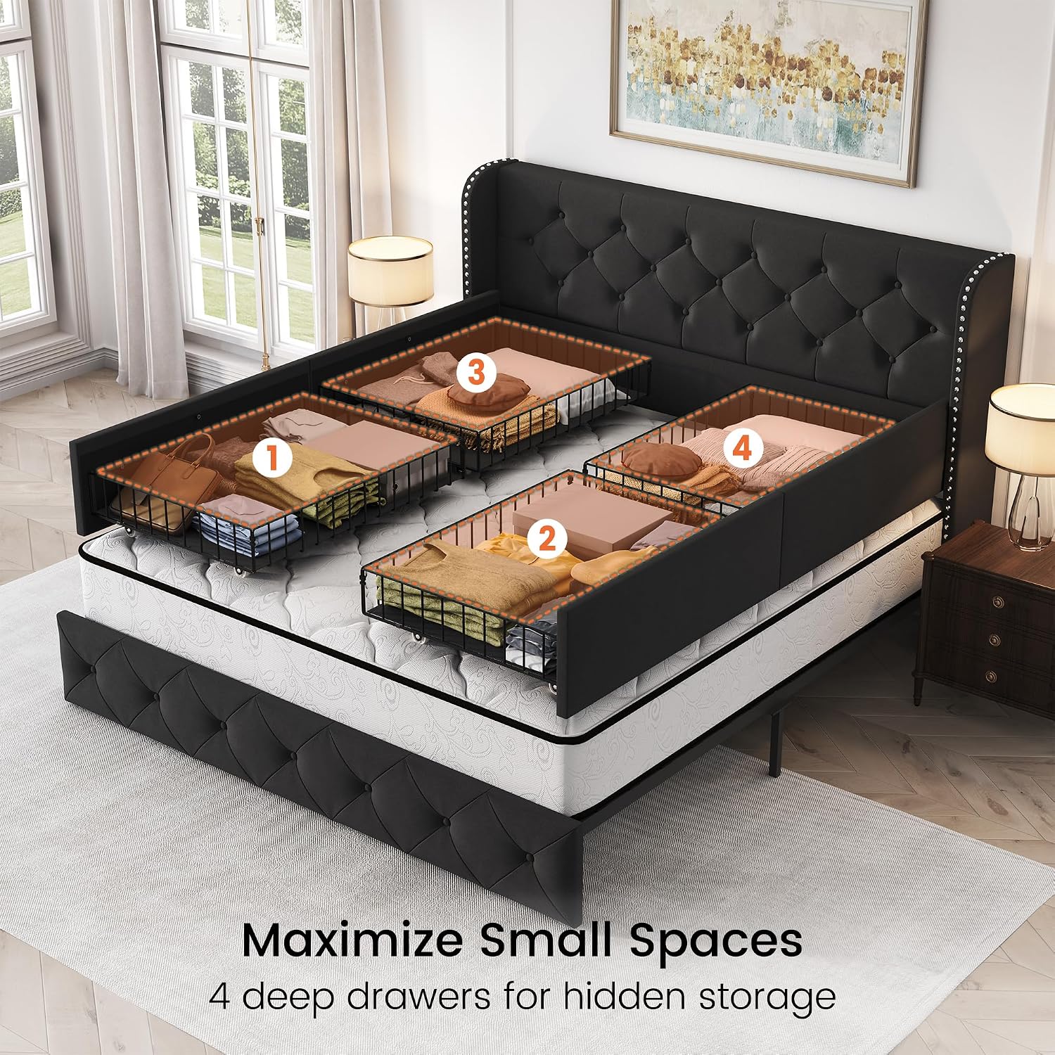 LARMACE Queen Size Bed Frame with 4 Storage Drawers and 47.2' Tall Wingback Headboard Upholstered Platform Beds Velvet Tufted Bed Frame with Wooden Slats Support, Easy Assembly, Black