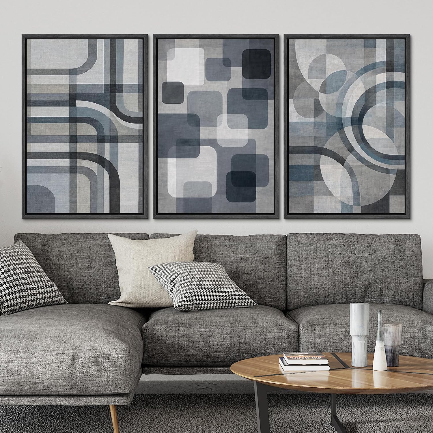 SIGNLEADER Framed Canvas Print Wall Art Set Blue Gray Geometric Abstract Illustrations Modern Art Boho Decorative for Living Room, Bedroom, Office - 24'x36'x3 BLACK