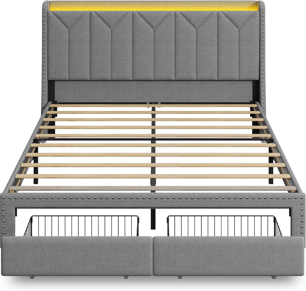 WLIVE Queen Size Upholstered Bed Frame with 2 Drawers, Storage Headboard Platform Bed with Charging Station and LED Light, Sturdy Metal & Wooden Slats Support, No Box Spring Needed, Light Grey