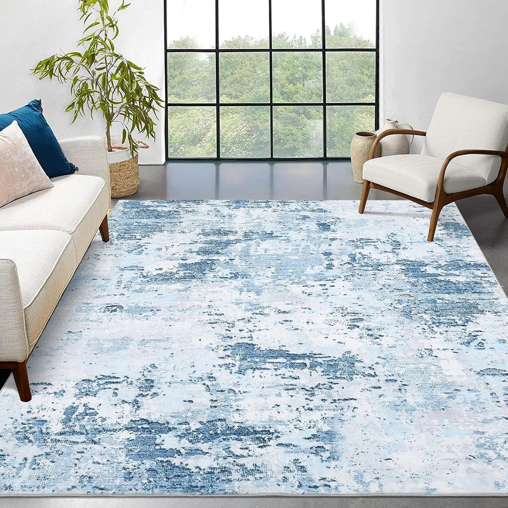ROYHOME 9x12 Modern Abstract Accent Rug for Living Room Stain Resistant Non Slip Low Pile Accent Bedroom Rug Indoor Floor Cover for Office Home Decor, Blue