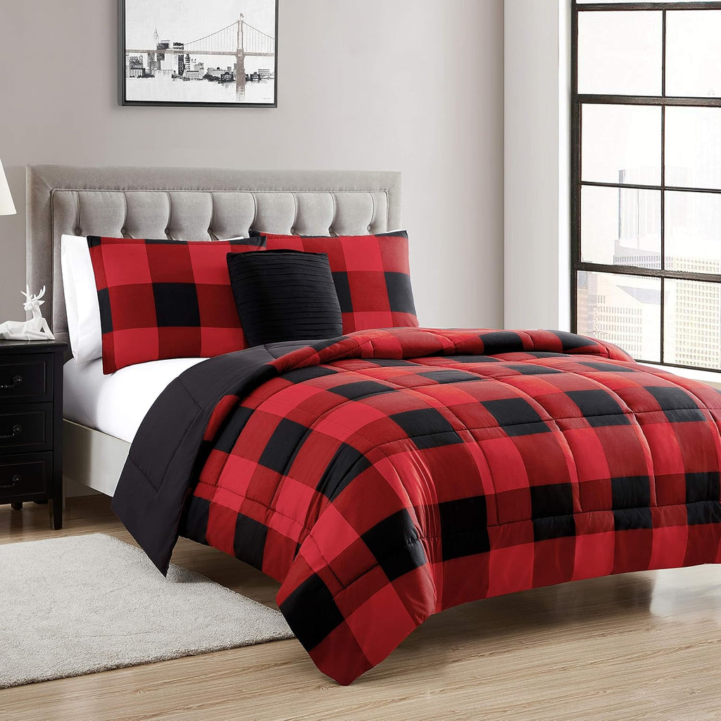 Sweet Home Collection Comforter Set 4 Piece Buffalo Check Plaid Design Soft and Luxurious All Season Warmth Down Alternative Reversible to Solid Color, King, Burgundy (Pack of 3)