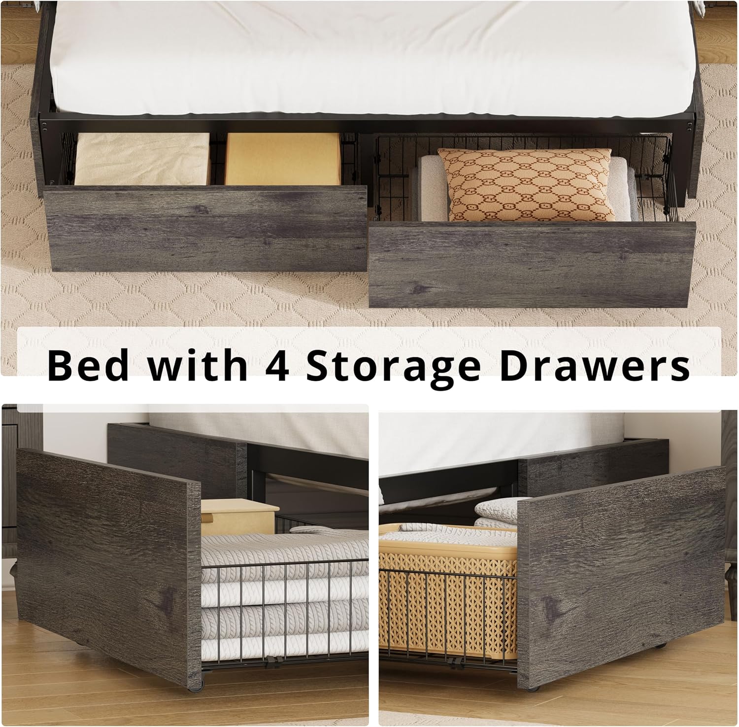 LIKIMIO Queen Bed Frame with Storage, 4 Drawers and Heavy Strong Metal Support Frames, Solid Stable, Noise-Free, No Box Spring Needed, Easy Assembly, Charcoal Grey