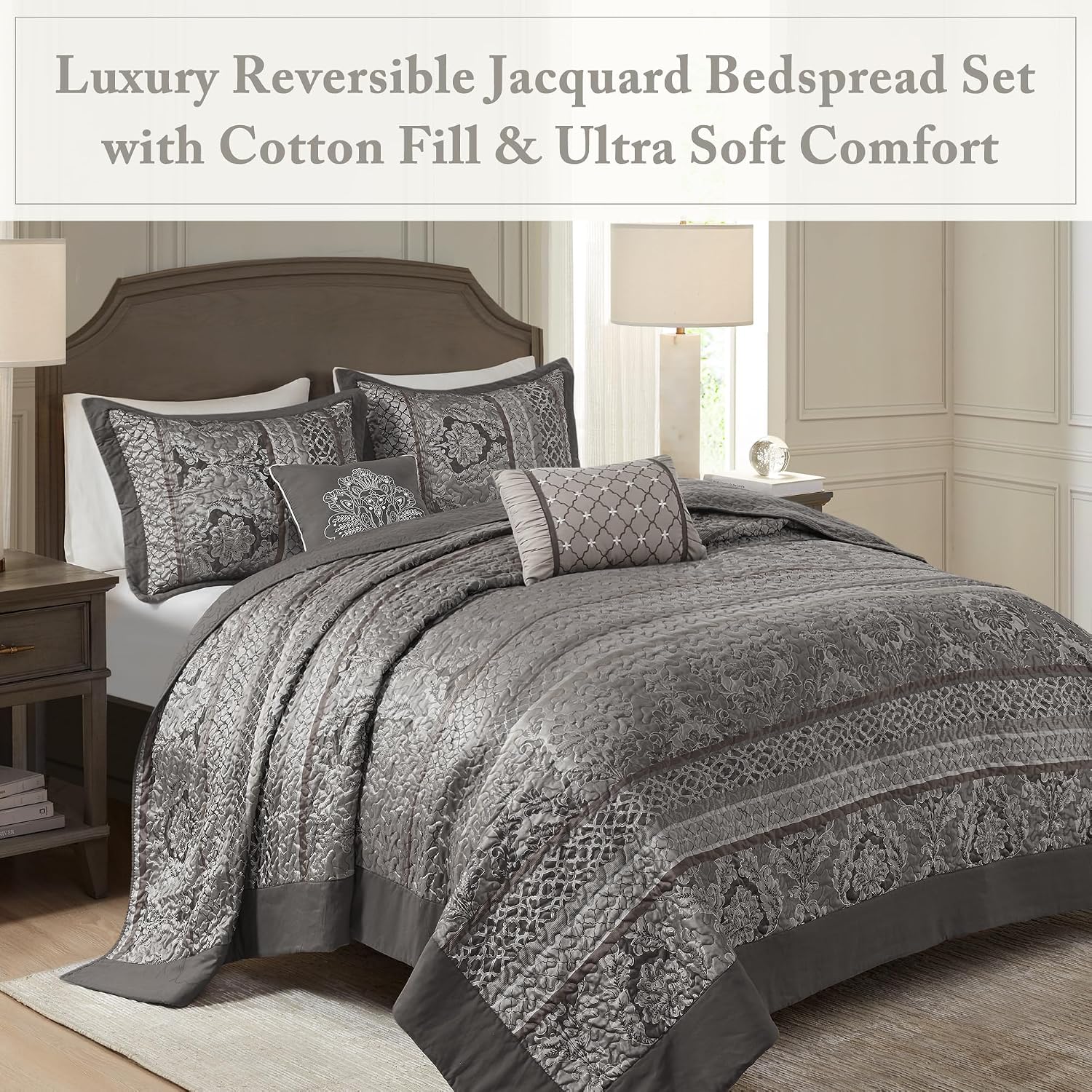 Madison Park Traditional Damask Design All Season, Lightweight Coverlet Bedspread Bedding Set, Matching Shams, Pillows, (120'x118'), Bellagio, Jacquard Grey, 5 Piece