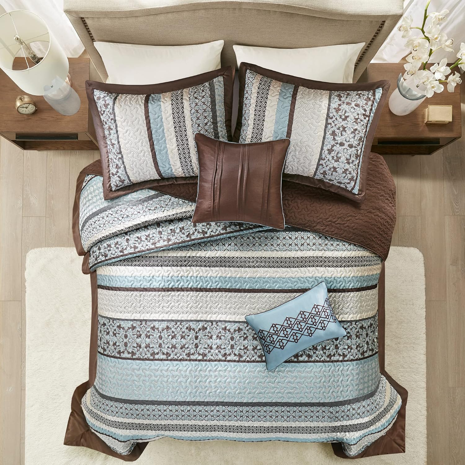 Madison Park Princeton Reversible Quilted Bedspread Set, Solid Reverse Summer Breathable, Lightweight All Season Bedding Layer, Matching Shams, Bedspread King(120'x118'), Blue 5 Piece
