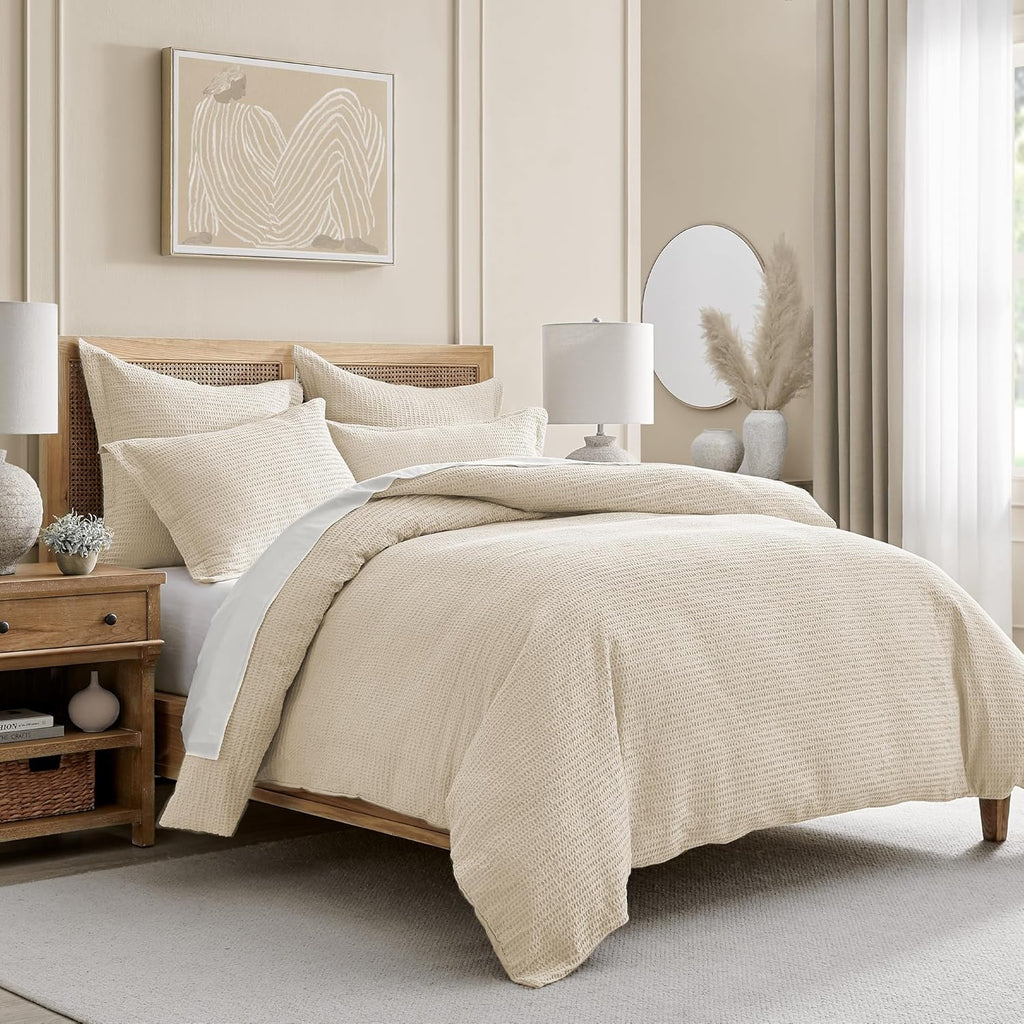 Levtex Home Cloud Waffle King/Cal King Comforter Set (106x94in) with 2 Pillow Shams (36x20in) - Solid Waffle Cotton Texture - Undyed Cream - Cotton King Size Comforter Set - Soft, Pre-Washed