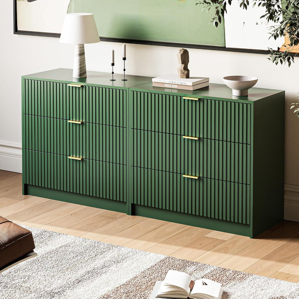 MAISONARIA 3-Piece Dresser Bedroom Set, 8 Drawer Dresser & 3 Drawer Nightstands with Gold Handles, Fluted Wood Chest of Drawers for Bedroom, Living Room, Entryway, Green