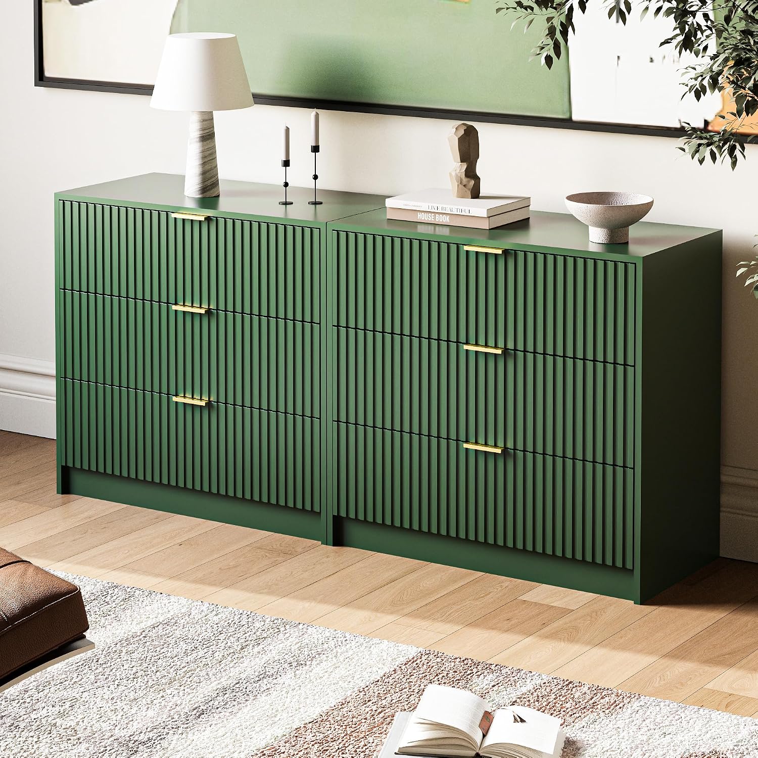 MAISONARIA 3-Piece Dresser Bedroom Set, 8 Drawer Dresser & 3 Drawer Nightstands with Gold Handles, Fluted Wood Chest of Drawers for Bedroom, Living Room, Entryway, Green
