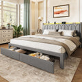 WLIVE King Size Upholstered Bed Frame with 2 Drawers, Storage Headboard Platform Bed with Charging Station and LED Light, Sturdy Metal & Wooden Slats Support, No Box Spring Needed, Light Grey