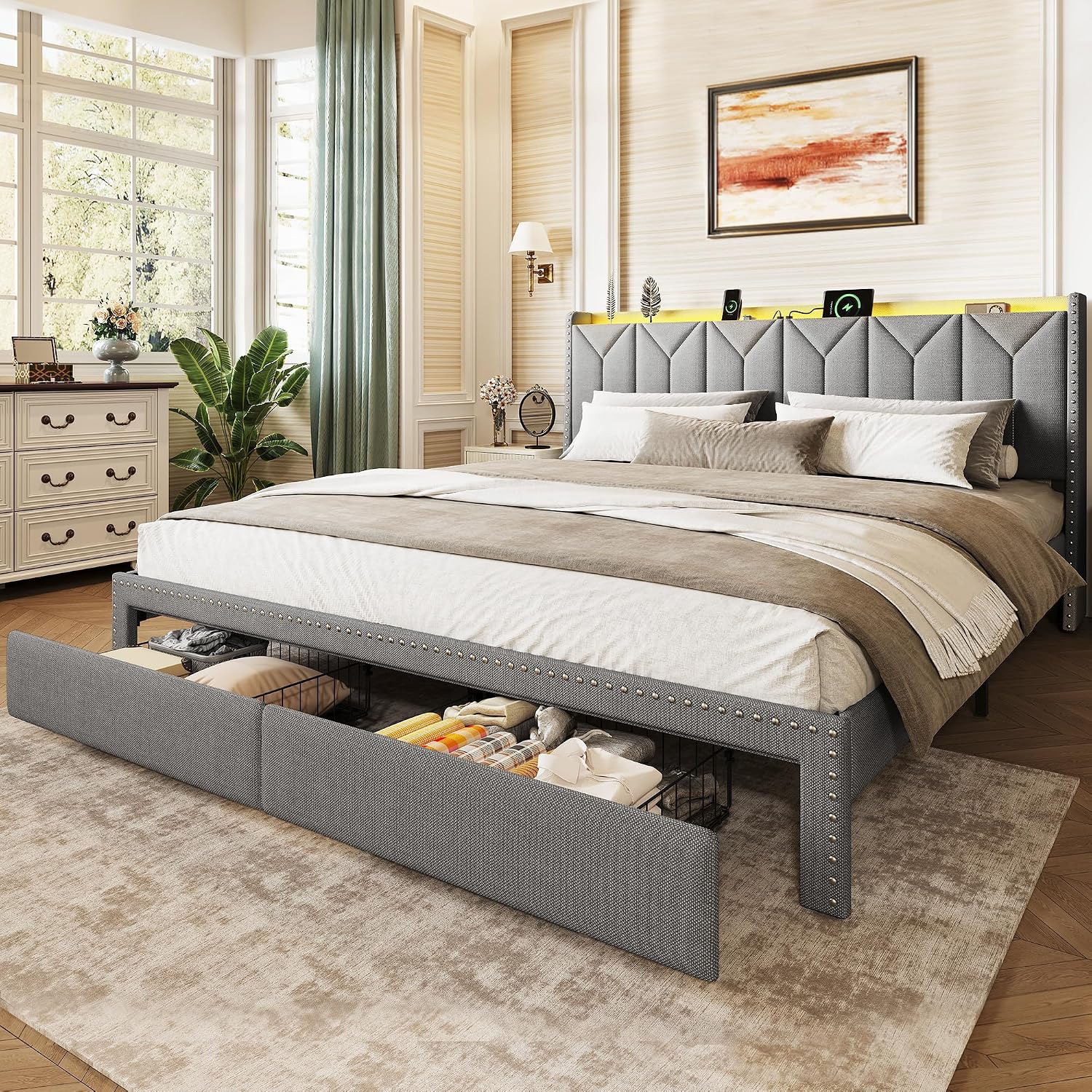 WLIVE King Size Upholstered Bed Frame with 2 Drawers, Storage Headboard Platform Bed with Charging Station and LED Light, Sturdy Metal & Wooden Slats Support, No Box Spring Needed, Light Grey